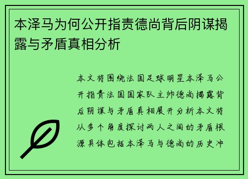 本泽马为何公开指责德尚背后阴谋揭露与矛盾真相分析