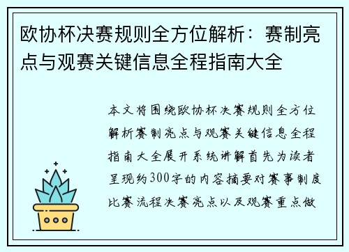 欧协杯决赛规则全方位解析：赛制亮点与观赛关键信息全程指南大全