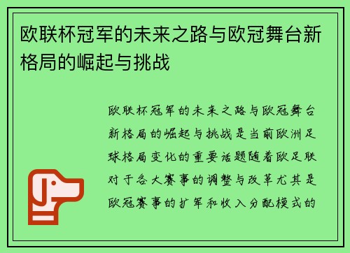 欧联杯冠军的未来之路与欧冠舞台新格局的崛起与挑战
